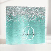 Teal Brushed Metal Silver Glitter Monogram Name