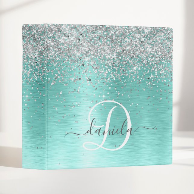 Teal Brushed Metal Silver Glitter Monogram Name 3 Ring Binder (Creator Uploaded)