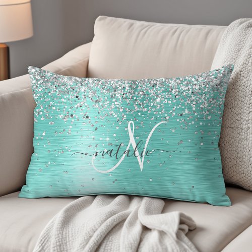 Teal Brushed Metal Silver Glitter Monogram Name Accent Pillow