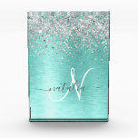 Teal Brushed Metal Silver Glitter Monogram Name Acrylic Award<br><div class="desc">Easily personalize this trendy chic acrylic award design featuring pretty silver sparkling glitter on a teal brushed metallic background.</div>