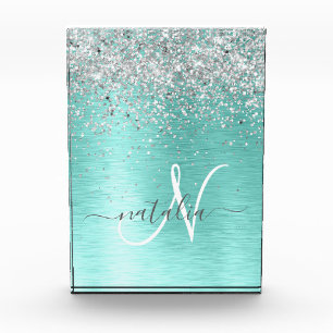Teal Brushed Metal Silver Glitter Monogram Name Acrylic Award