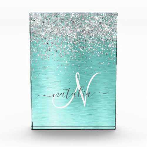 Teal Brushed Metal Silver Glitter Monogram Name Acrylic Award