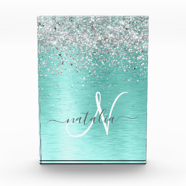 Teal Brushed Metal Silver Glitter Monogram Name Acrylic Award (Front)