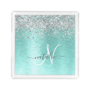 Teal Brushed Metal Silver Glitter Monogram Name Acrylic Tray