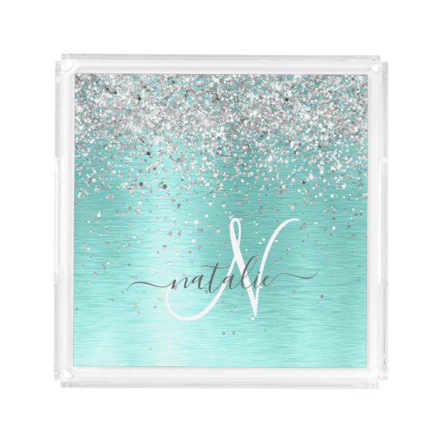 Teal Brushed Metal Silver Glitter Monogram Name Acrylic Tray (Front)