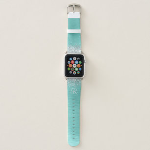 Teal Brushed Metal Silver Glitter Monogram Name Apple Watch Band