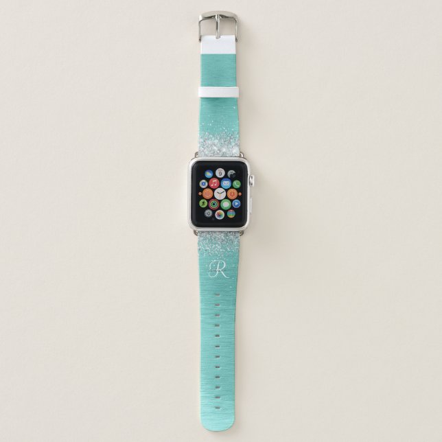 Teal Brushed Metal Silver Glitter Monogram Name Apple Watch Band (Front)