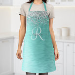 Teal Brushed Metal Silver Glitter Monogram Name Apron<br><div class="desc">Easily personalize this trendy chic apron design featuring pretty silver sparkling glitter on a teal brushed metallic background.</div>