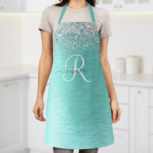 Teal Brushed Metal Silver Glitter Monogram Name Apron