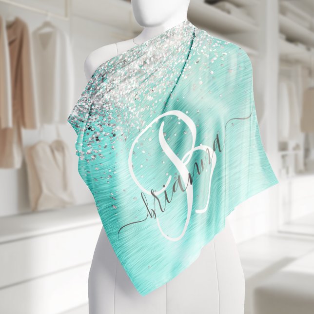 Teal Brushed Metal Silver Glitter Monogram Name Bandana (Creator Uploaded)