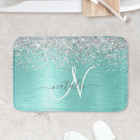 Teal Brushed Metal Silver Glitter Monogram Name