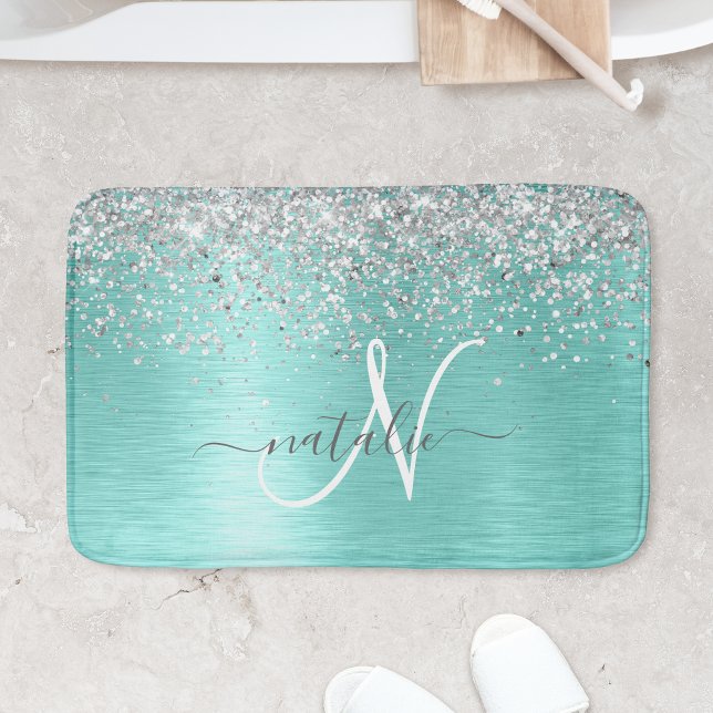 Teal Brushed Metal Silver Glitter Monogram Name Bath Mat (Creator Uploaded)