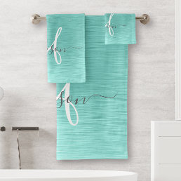 Teal Brushed Metal Silver Glitter Monogram Name Bath Towel Set