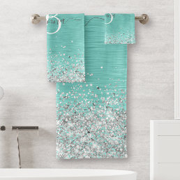 Teal Brushed Metal Silver Glitter Monogram Name Bath Towel Set