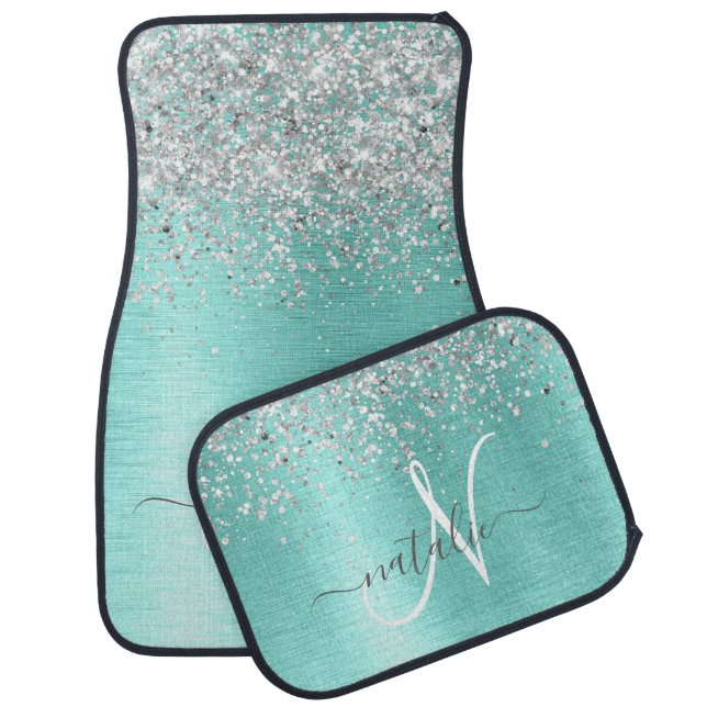 Teal Brushed Metal Silver Glitter Monogram Name Car Floor Mat (Set)