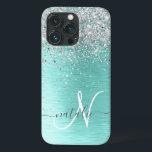 Teal Brushed Metal Silver Glitter Monogram Name iPhone 13 Pro Case<br><div class="desc">Easily personalize this trendy chic phone case design featuring pretty silver sparkling glitter on a teal brushed metallic background.</div>