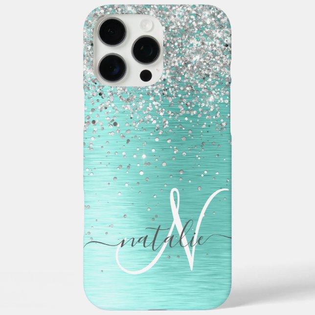 Teal Brushed Metal Silver Glitter Monogram Name Case-Mate iPhone Case (Back)