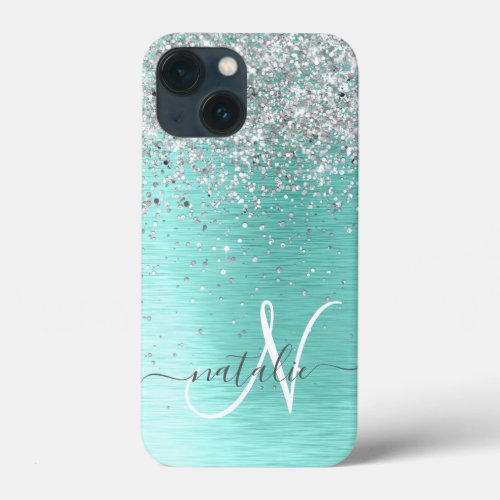 Teal Brushed Metal Silver Glitter Monogram Name iPhone 13 Mini Case