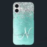 Teal Brushed Metal Silver Glitter Monogram Name iPhone 16 Plus Case<br><div class="desc">Easily personalize this trendy chic phone case design featuring pretty silver sparkling faux glitter on a teal brushed metallic background.</div>