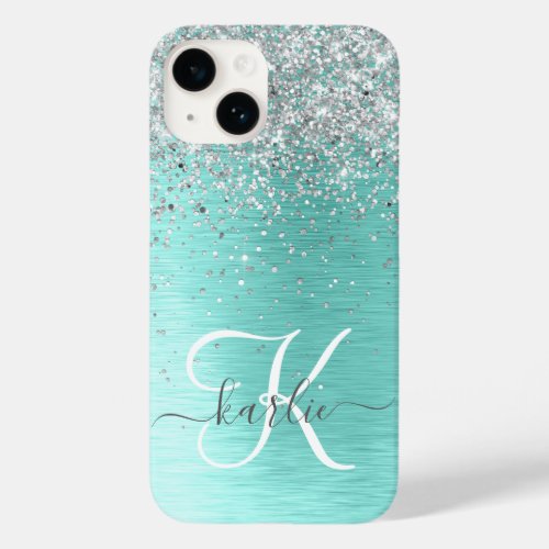 Teal Brushed Metal Silver Glitter Monogram Name Case_Mate iPhone 14 Case