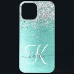 Teal Brushed Metal Silver Glitter Monogram Name iPhone 12 Pro Max Case<br><div class="desc">Easily personalize this trendy chic phone case design featuring pretty silver sparkling glitter on a teal brushed metallic background.</div>
