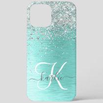 Teal Brushed Metal Silver Glitter Monogram Name iPhone 12 Pro Max Case