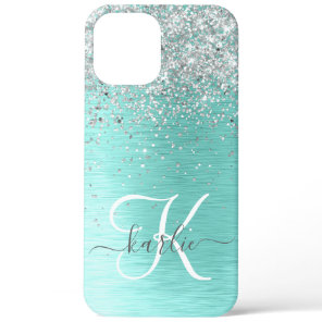 Teal Brushed Metal Silver Glitter Monogram Name iPhone 12 Pro Max Case