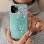 Teal Brushed Metal Silver Glitter Monogram Name iPhone 11 Pro Case<br><div class="desc">Easily personalize this trendy chic phone case design featuring pretty silver sparkling glitter on a teal brushed metallic background.</div>