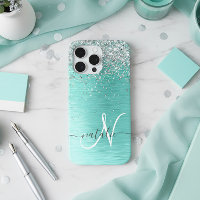 Teal Brushed Metal Silver Glitter Monogram Name