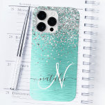 Teal Brushed Metal Silver Glitter Monogram Name Case-Mate iPhone 14 Pro Max Case<br><div class="desc">Easily personalize this trendy chic phone case design featuring pretty silver sparkling glitter on a teal brushed metallic background.</div>