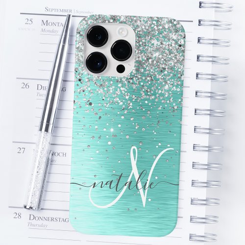 Teal Brushed Metal Silver Glitter Monogram Name Case_Mate iPhone 14 Pro Max Case