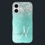 Teal Brushed Metal Silver Glitter Monogram Name iPhone 16 Case<br><div class="desc">Easily personalize this trendy chic phone case design featuring pretty silver sparkling glitter on a teal brushed metallic background.</div>