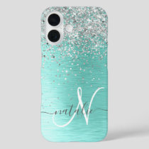 Teal Brushed Metal Silver Glitter Monogram Name iPhone 16 Case