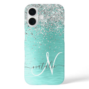 Teal Brushed Metal Silver Glitter Monogram Name iPhone 16 Case