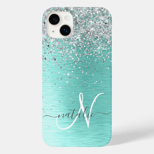Teal Brushed Metal Silver Glitter Monogram Name Case-Mate iPhone Case (Back)
