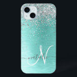 Teal Brushed Metal Silver Glitter Monogram Name iPhone 15 Plus Case<br><div class="desc">Easily personalize this trendy chic phone case design featuring pretty silver sparkling glitter on a teal brushed metallic background.</div>