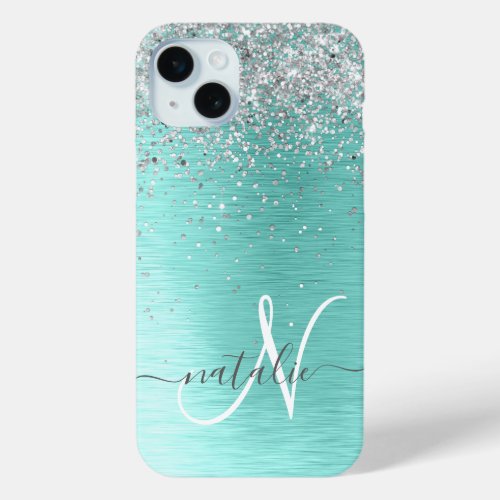 Teal Brushed Metal Silver Glitter Monogram Name iPhone 15 Plus Case