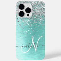 Teal Brushed Metal Silver Glitter Monogram Name Case-Mate iPhone 14 Pro Max Case