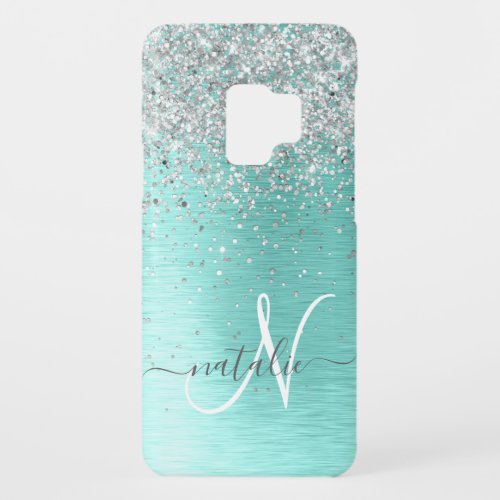 Teal Brushed Metal Silver Glitter Monogram Name Case_Mate Samsung Galaxy S9 Case