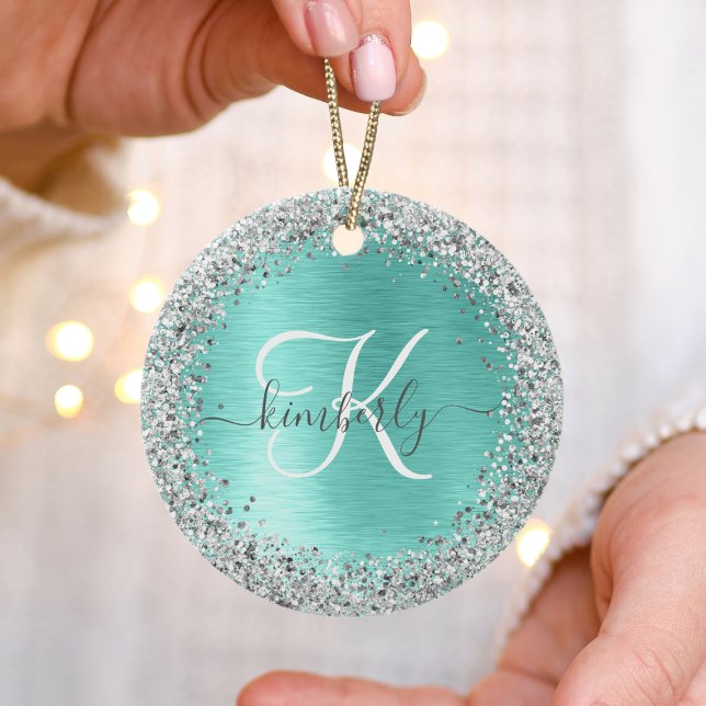 Teal Brushed Metal Silver Glitter Monogram Name Ceramic Ornament (Creator Uploaded)