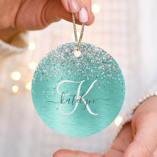 Teal Brushed Metal Silver Glitter Monogram Name Ceramic Ornament