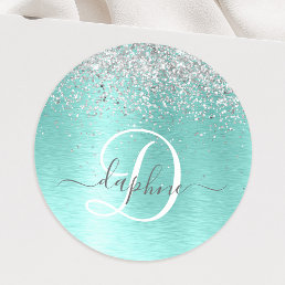 Teal Brushed Metal Silver Glitter Monogram Name Classic Round Sticker