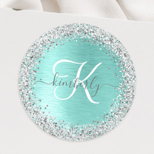 Teal Brushed Metal Silver Glitter Monogram Name Classic Round Sticker