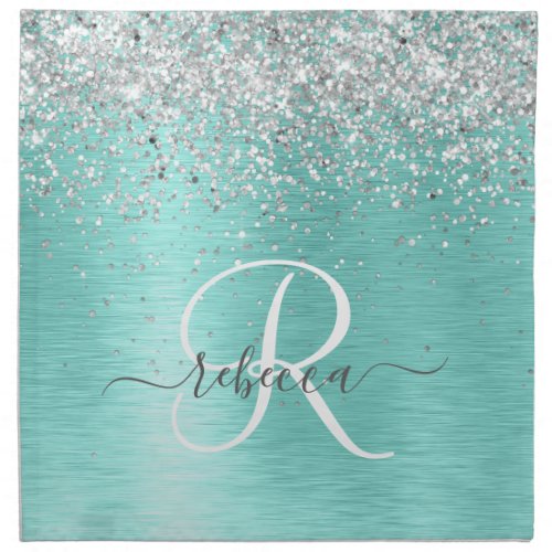 Teal Brushed Metal Silver Glitter Monogram Name Cloth Napkin