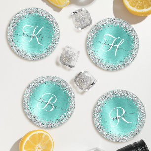 Teal Brushed Metal Silver Glitter Monogram Name Coaster Set