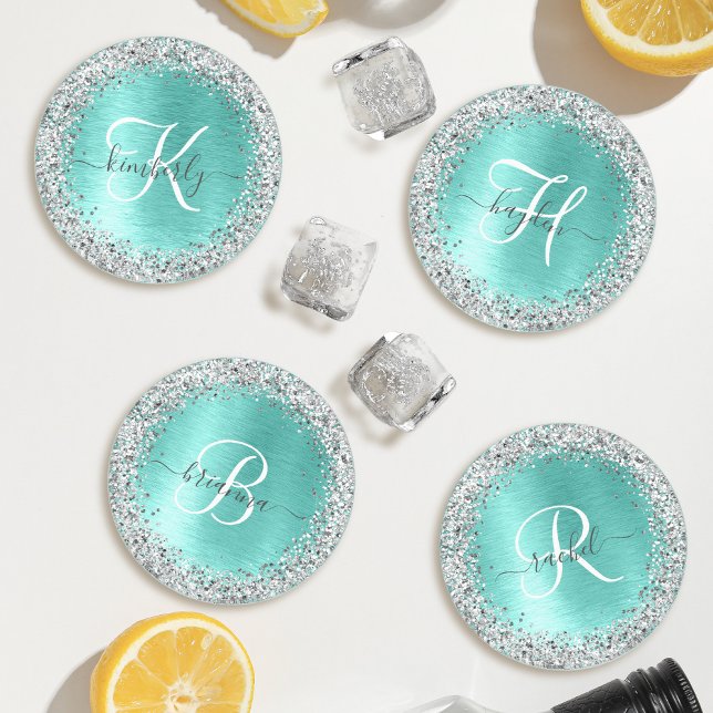 Teal Brushed Metal Silver Glitter Monogram Name Coaster Set (Creator Uploaded)