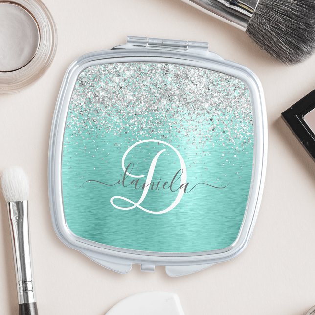 Teal Brushed Metal Silver Glitter Monogram Name Compact Mirror (Creator Uploaded)