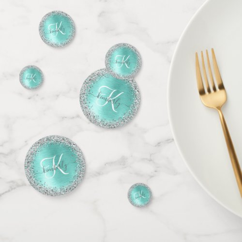 Teal Brushed Metal Silver Glitter Monogram Name Confetti