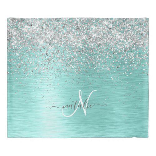 Teal Brushed Metal Silver Glitter Monogram Name Duvet Cover