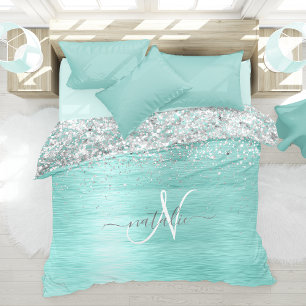  Teal Brushed Metal Silver Glitter Monogram Name Duvet Cover